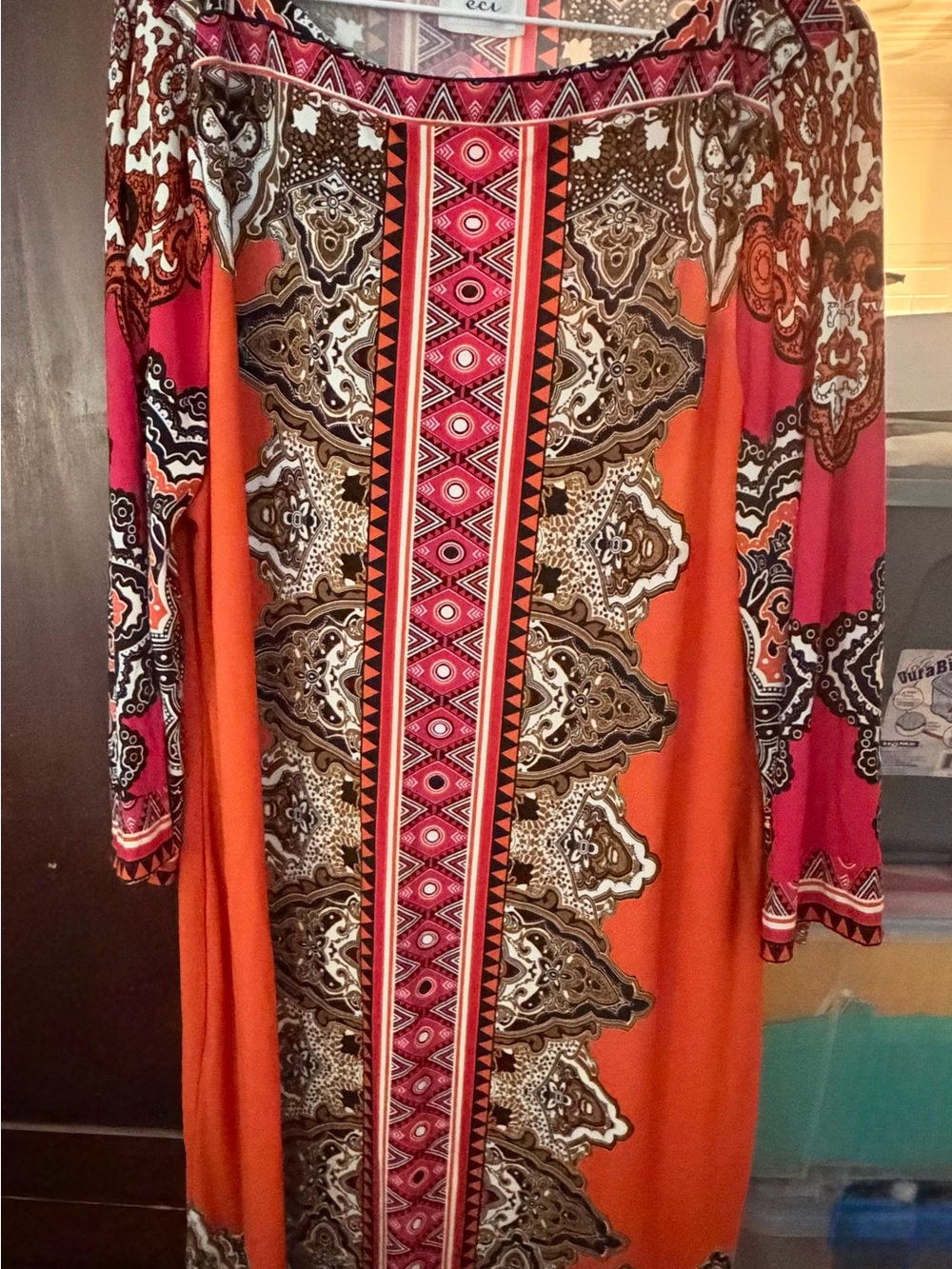ECI Orange and Pink Printed Long Sleeve Boho Dress